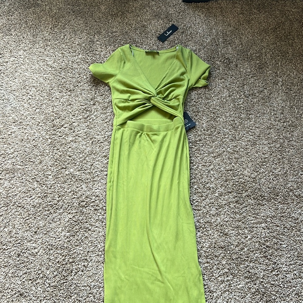 Green cut out dress, midi length bodycon.